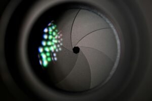 Close-up of security camera aperture with LED lights for smart home protection
