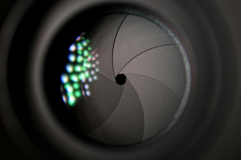 Close-up of security camera aperture with LED lights for smart home protection