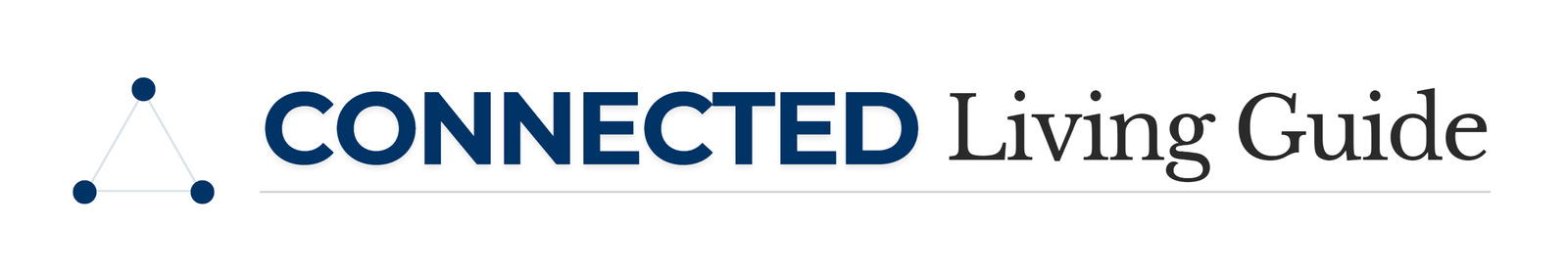 Connected Living Guide logo: Three blue circles forming a triangle, linked by thin lines, symbolizing connectivity. Text 'CONNECTED' in bold navy blue, followed by 'Living Guide' in elegant gray font.