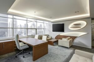 Sleek executive office with curved walls and city view for ultimate productivity