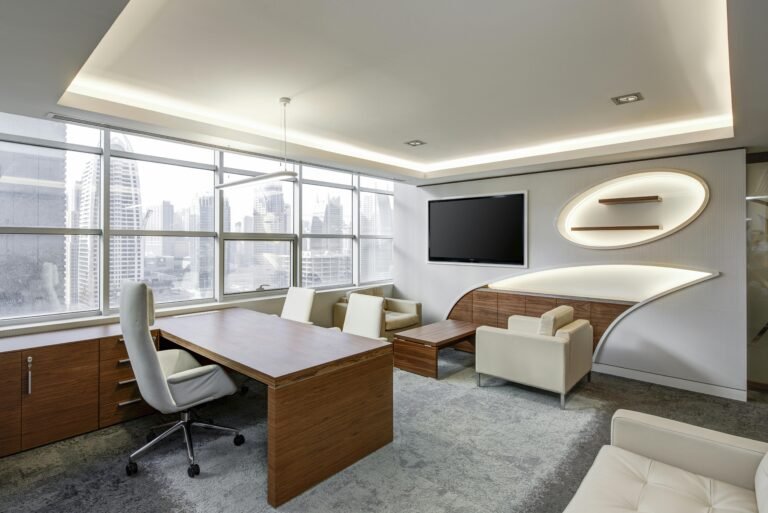 Sleek executive office with curved walls and city view for ultimate productivity