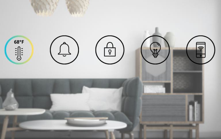 Smart thermostat display at 68°F with home automation icons in modern living room
