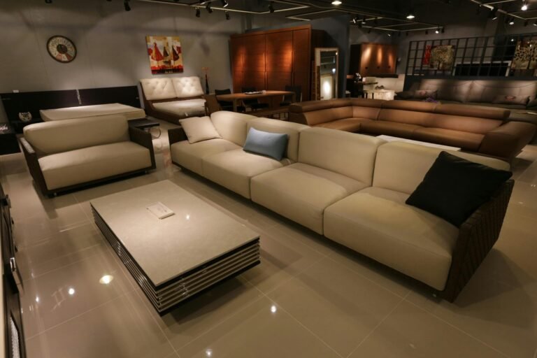 Luxurious living room showroom with modern sofas and sleek design