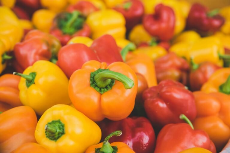 Close-up of fresh bell peppers in various colors including red, yellow, and orange, showcasing their vibrant hues and glossy surfaces