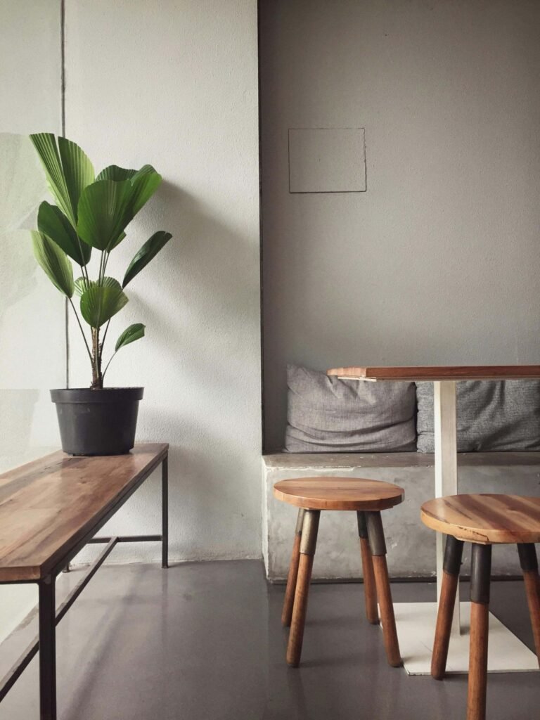 Minimalist interior with a potted palm plant on a wooden bench, two wooden stools, and a table. The room has white walls and a gray concrete floor, creating a modern and serene atmosphere.