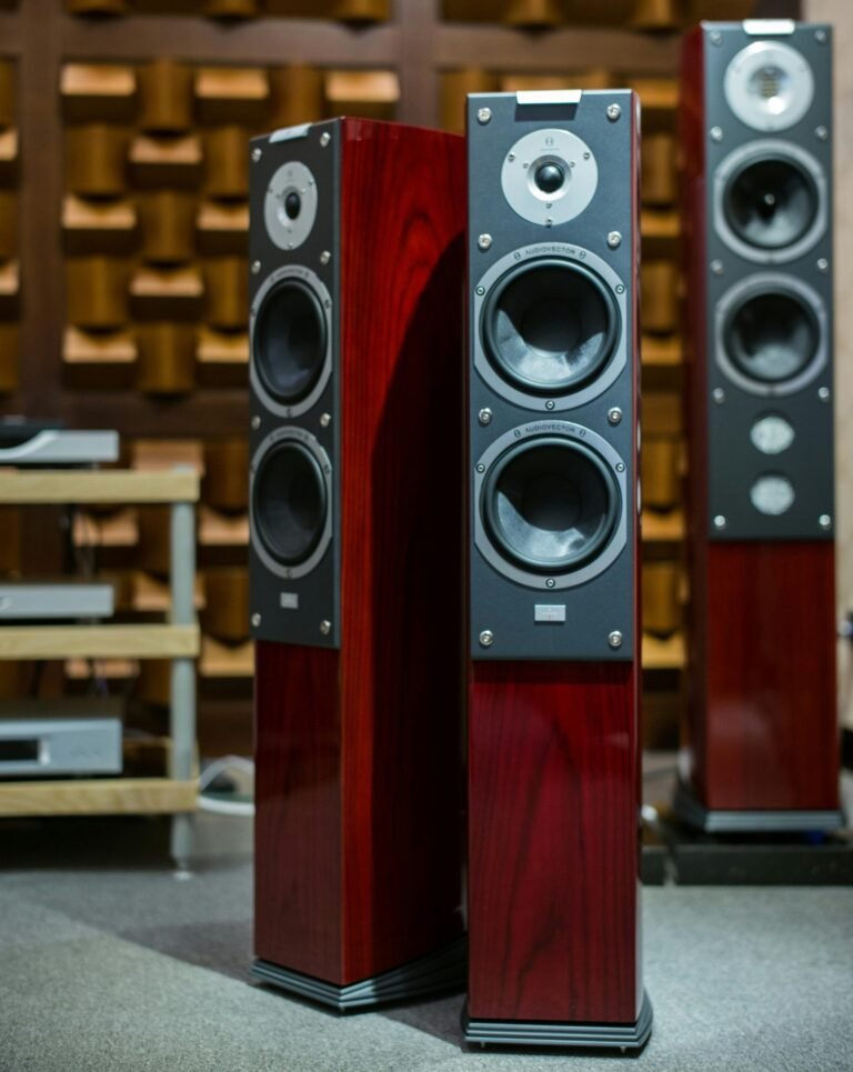 High-end floor-standing audio speakers with mahogany cabinets and multiple drivers displayed in an audio equipment showroom