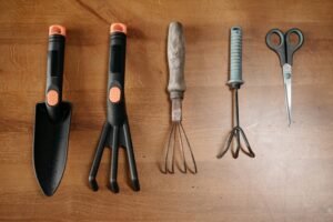 A set of gardening tools laid out on a wooden surface, including a trowel, hand fork, vintage wooden-handled cultivator, modern metal cultivator, and pruning scissors.