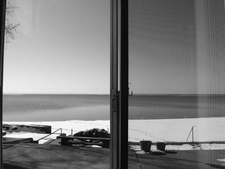 Black and white photo of screen doors opening to snowy winter lakefront view with bare trees and boats