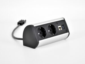 Multi-outlet surge protector with attached power cord.