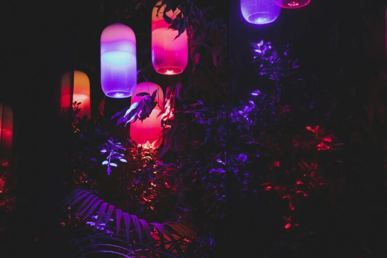 Colorful LED lighting display in a dark, festive environment.