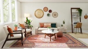 Bright living room showcasing layered rugs and mixed decor.