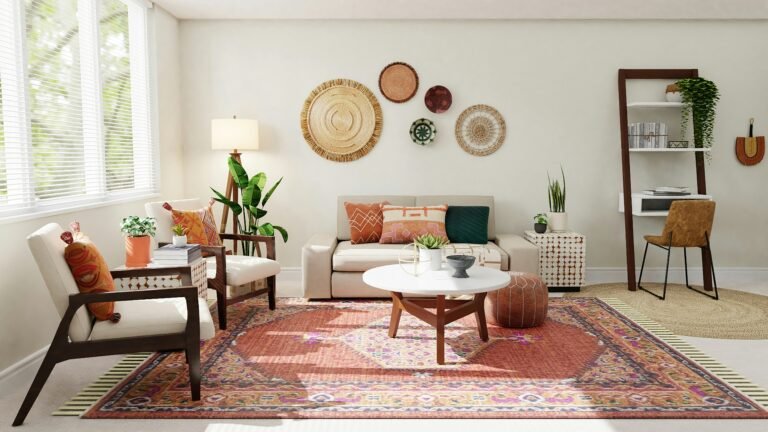 Bright living room showcasing layered rugs and mixed decor.