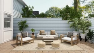 Spacious patio with modern seating and greenery.