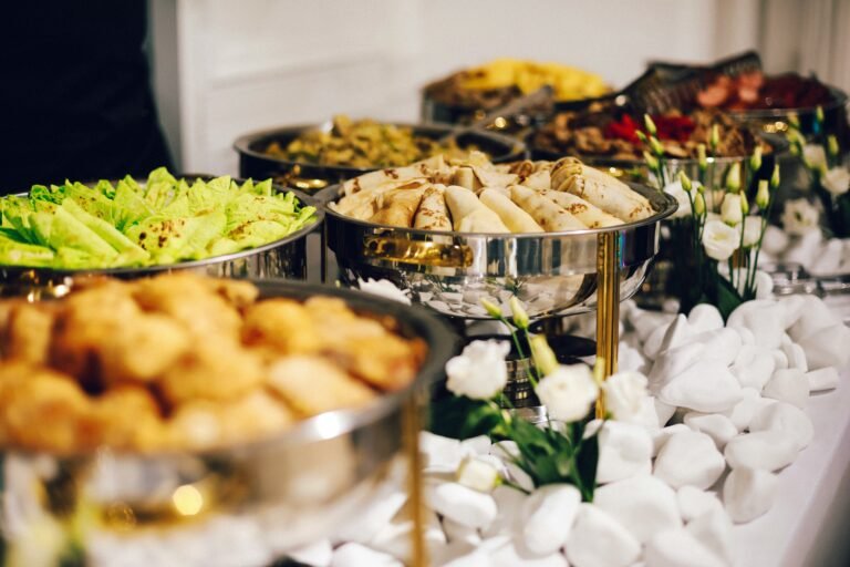 Hearty spread of warm and cold foods on a self-serve buffet.