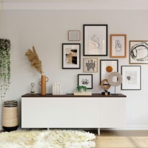 Light living room with a gallery wall of art and photographs