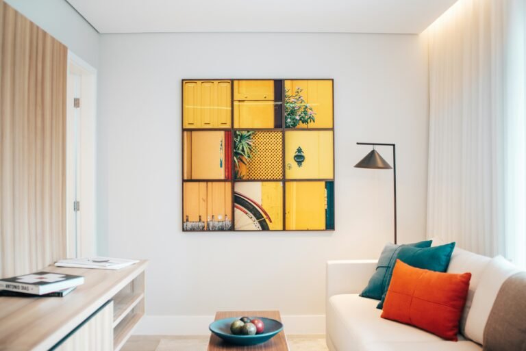 Sleek living room with minimalist furniture and abstract wall art.
