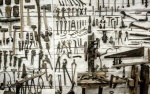Workshop wall with assorted hand tools