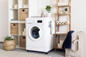 Laundry corner with washing machine and wicker basket