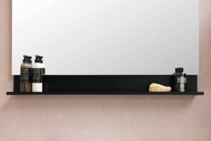 Minimal bathroom shelf with black dispensers