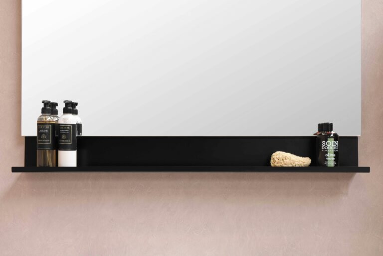 Minimal bathroom shelf with black dispensers