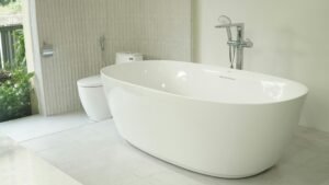 Freestanding tub in a spa-inspired bathroom