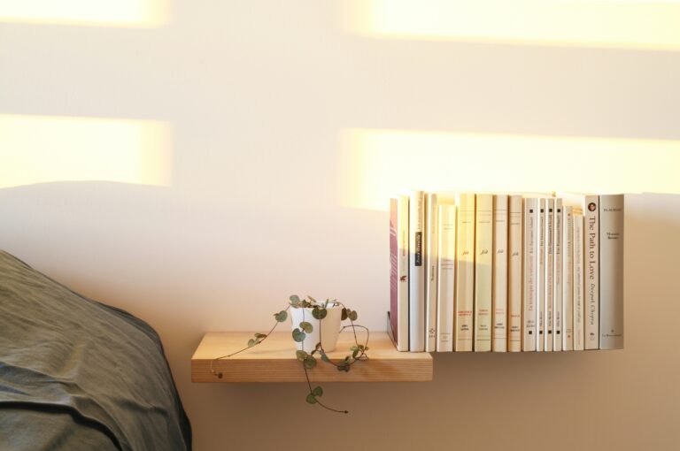 Floating bookshelf with soft lighting
