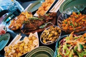 Assorted buffet dishes in serving bowls