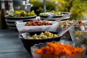 Assorted dishes on a buffet table