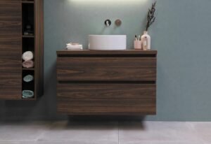 Wooden vanity with sink in modern bathroom