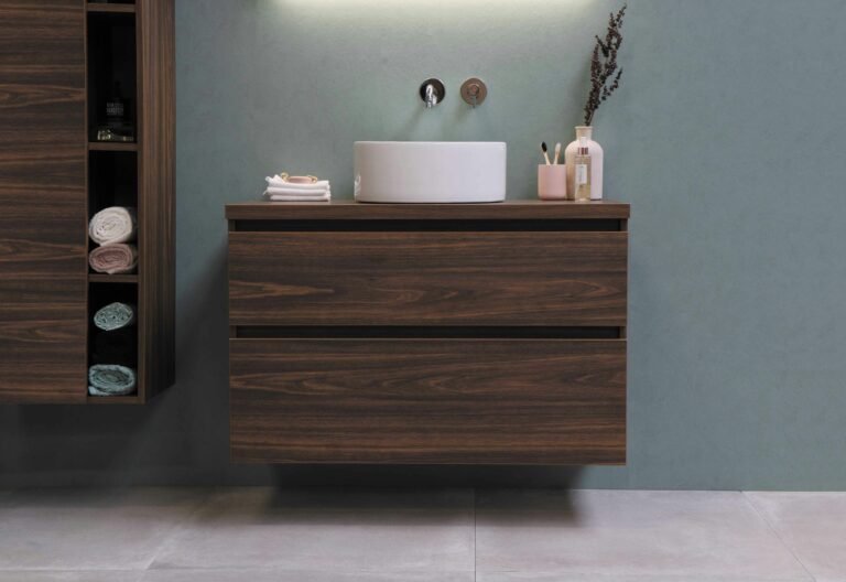Wooden vanity with sink in modern bathroom