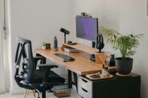 Wooden desk set up for work, flanked by a plant on one side.