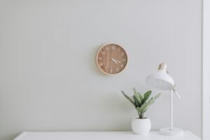 Clean white workspace with a small plant and a simple clock.