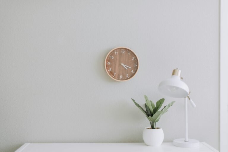 Clean white workspace with a small plant and a simple clock.