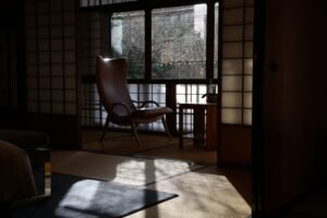 Tranquil living room featuring a shoji-style sliding door.