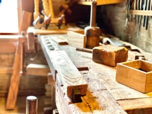 Wooden workshop with tools and crafting supplies