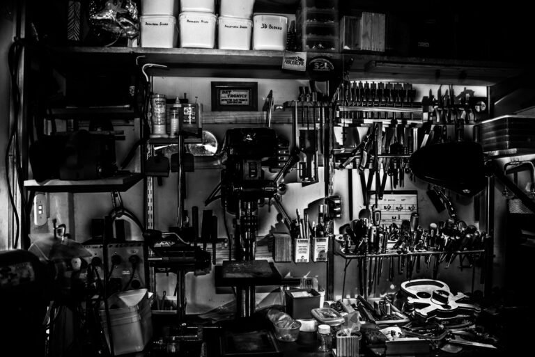 Black-and-white workshop with tools