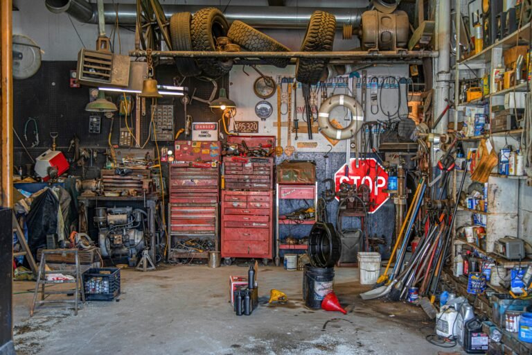 Garage workshop with tools and machinery