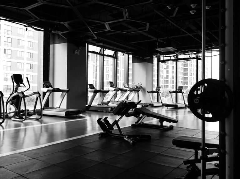 Fitness center with rowing machines and workout gear