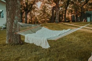 Hammock in a wooded backyard