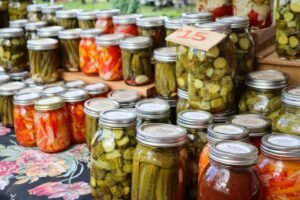 Glass jars filled with pickled and canned vegetables.