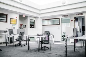 Bright office with tables and seating