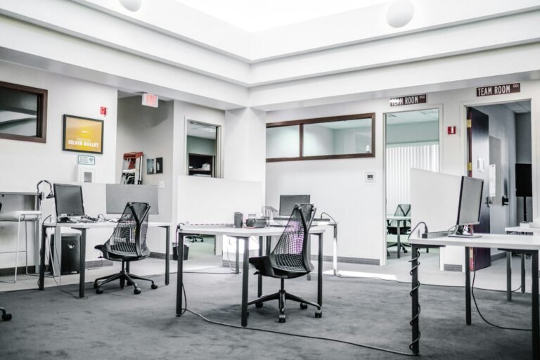 Bright office with tables and seating