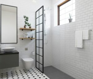 Contemporary black-and-white tiled bathroom