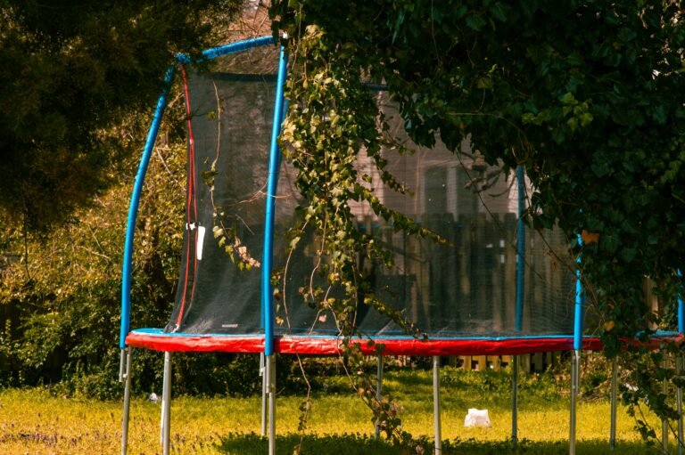 Backyard trampoline in a garden setting with vibrant greenery.