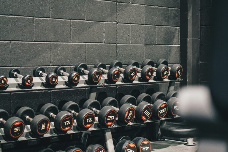 Rows of dumbbells in a gym setting