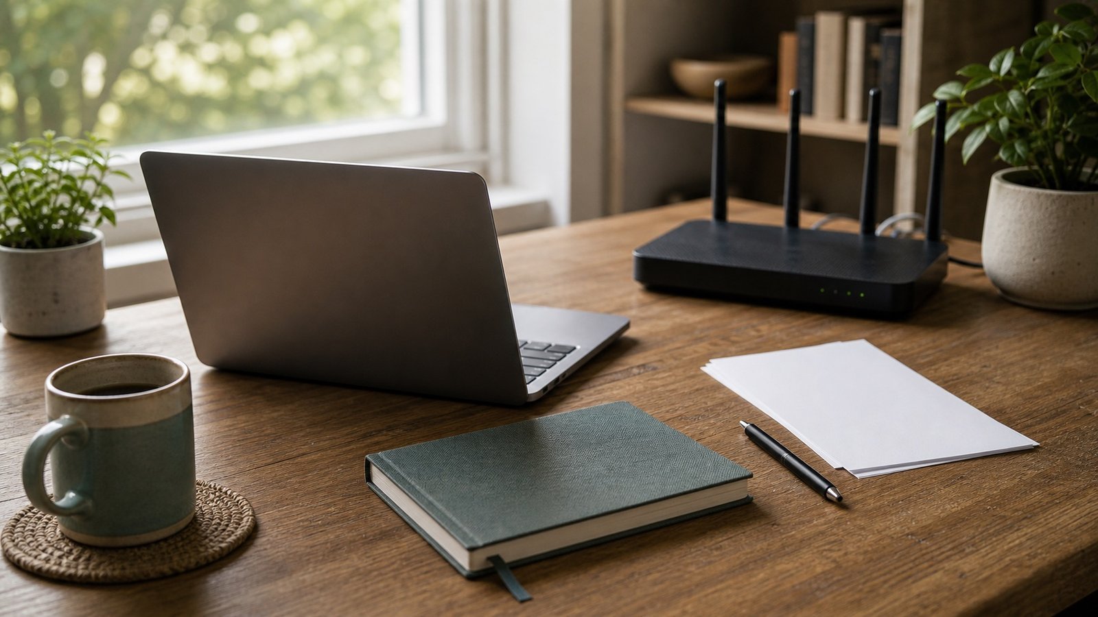 Laptop, router, notebook and papers on a digital safety workspace