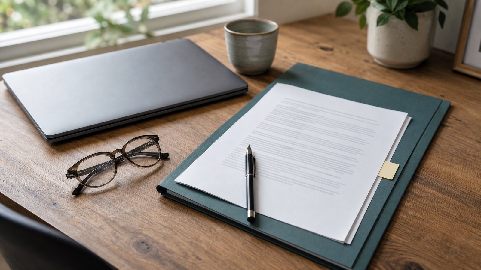 Folder, laptop, pen and glasses for reviewing affiliate disclosure notes