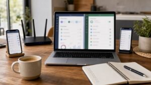 Two parental-control dashboards on family devices beside a home router