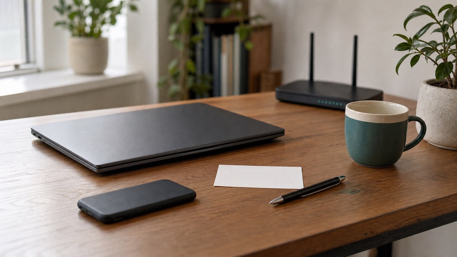 Laptop, phone, note card and router on a contact desk