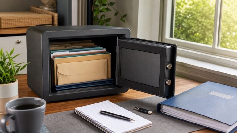 Open document safe with family records and emergency files